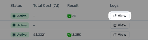 Evaluator logs showing status and results